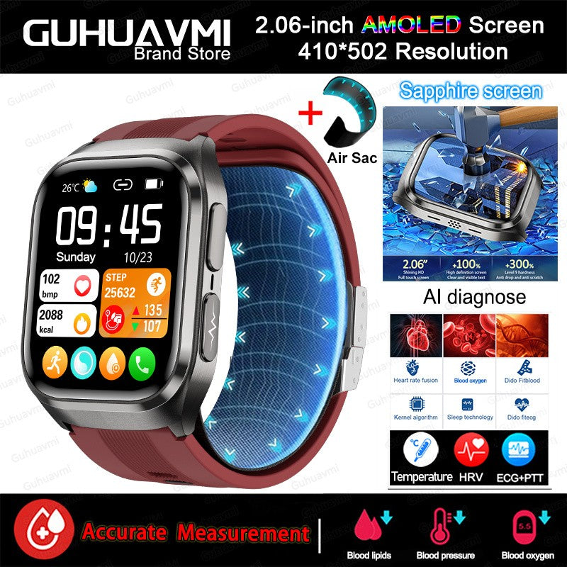 2025 Novo Smartwatch de Enfermagem de Grau Médico Air Bag para Homens, Gordura Sanguínea, ECG+PPG, Pressão Arterial, Transmissão, NFC, Chamada BT HD, Smartwatch de Saúde para Mulheres