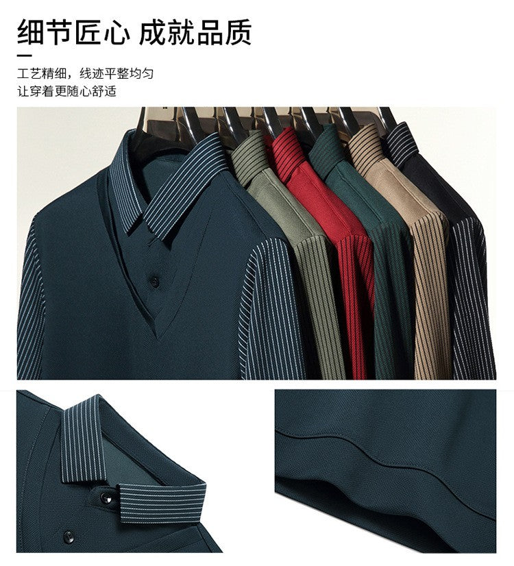 Fashion Fake Two-piece Men Long Sleeve Shirt Stripe Splice Lapel Loose Casual Pullover Tops 2025 Male Formal Business Polo Shirt