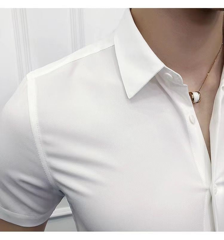 Korean Fashion Trend Casual Elastic Design Sense Short Sleeve Shirt Men's Solid Lapel Collar Button Breathable Simple Slim Tops