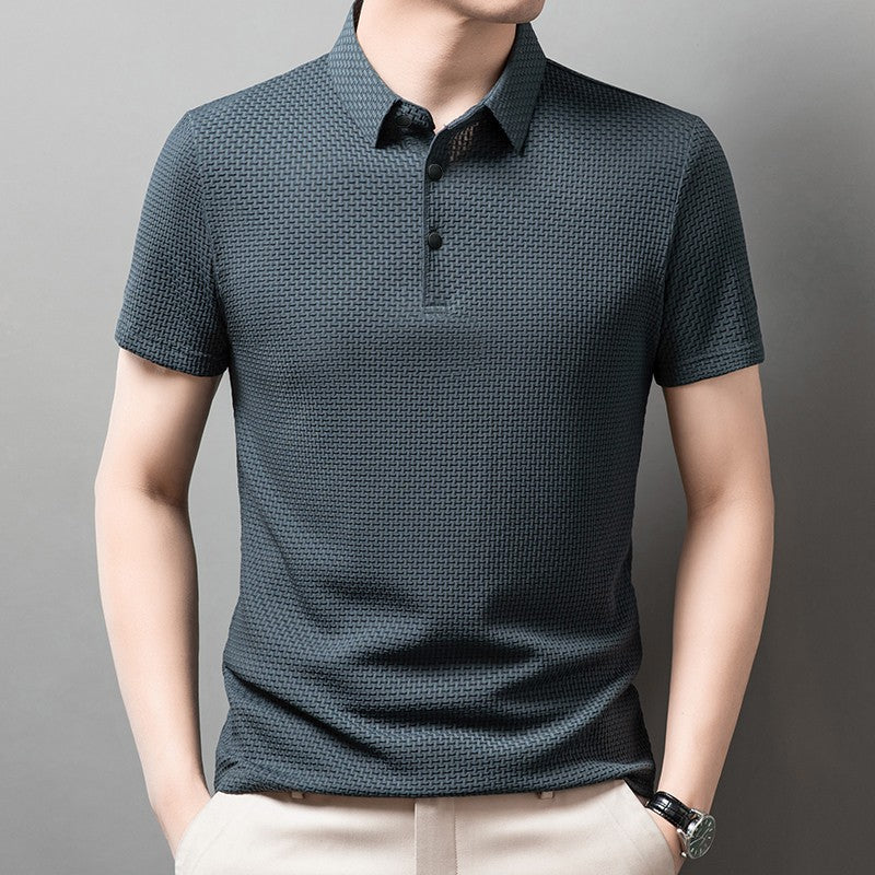 New Men's Business Casual Short Sleeved Bone Flower Solid Color POLO Shirt Fashion Breathable Comfortable Summer Versatile Top