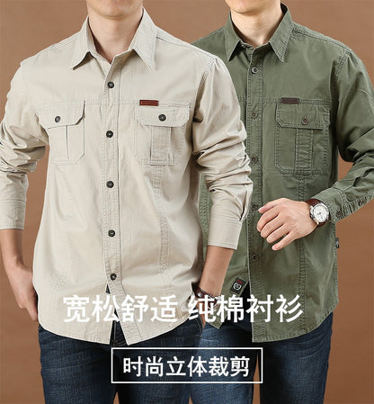 Men Loose Long-sleeved Shirt. New Solid Color Shirt for Middle-aged and Young People in Europe and America in Spring and Autumn