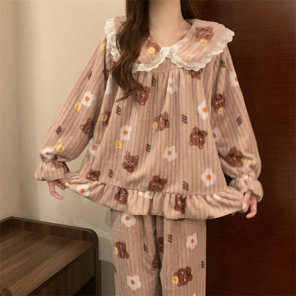Warm Sleepwear Small Bear Peach Coral Velvet Two-Piece Set Women Pajamas Autumn and Winter Thickening Home Wear School Sleepwear