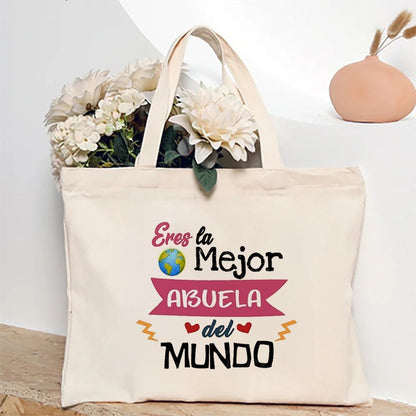 Spanish Abuela Quote Tote Bag Vibrant Shoulder Handbag with Heart Ribbon Design Perfect for Mother’s Day & Grandma Appreciation