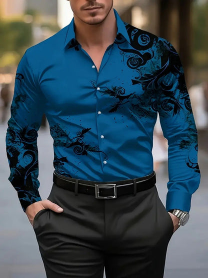 Men's floral-print ethnic-style blouse, Western-style denim shirt, long-sleeved