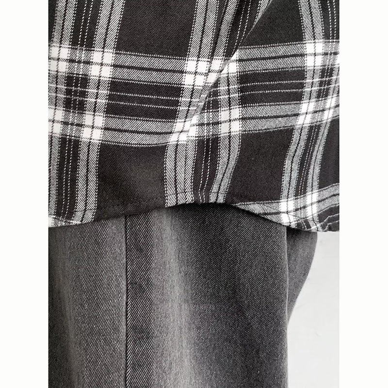 Japanese Cargo Shirt Men Women Vintage Black White Checkered Loose Long-sleeved Tops Spring Casual Lapel Unisex Oversize Shirts