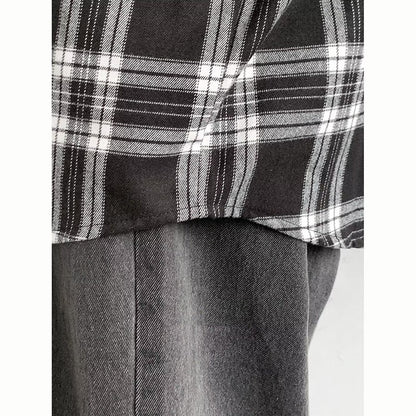 Japanese Cargo Shirt Men Women Vintage Black White Checkered Loose Long-sleeved Tops Spring Casual Lapel Unisex Oversize Shirts