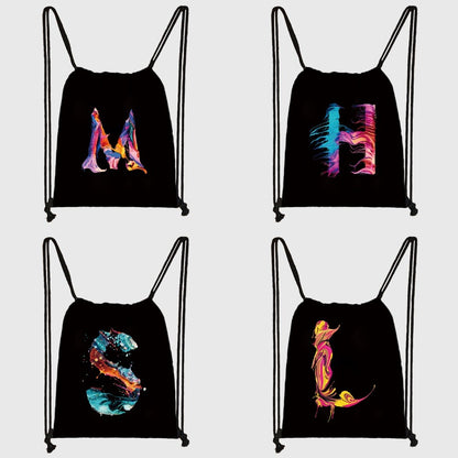 26 Initials Print Drawstring Bag Backpack Men and Women Beach Sports Travel Backpack Kid Gift Supplies Bag Portable Sundries Bag