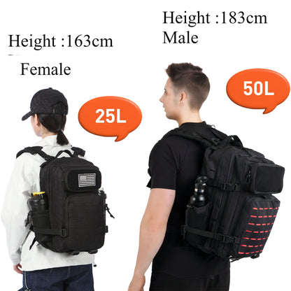 Mochila Impermeável 25L/50L com 2 Bolsos para Garrafas Academia Ao Ar Livre Viagem Caminhada Pesca Trekking Mochilas Bolsa para Notebook de 13 polegadas
