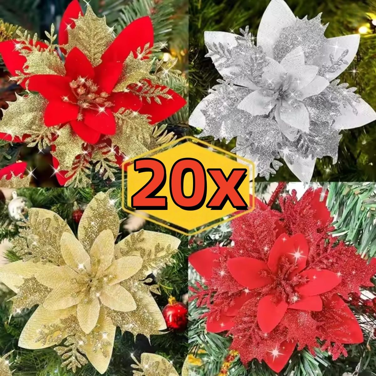 Large Glitter Artificial Christmas Flowers with Clips DIY Fake Flower Xmas Tree Ornaments for Home New Year Decoration Supplies