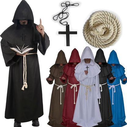 Retro Priest Robe Halloween Cosplay Costume Wizard Fancy Punk Cloak Mask Medieval Monk Robe Hooded Monk Cowl
