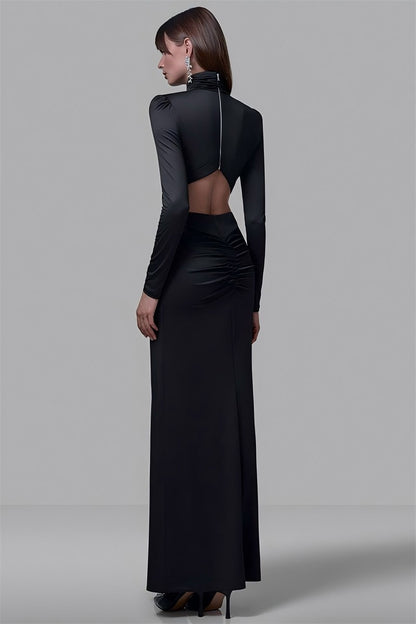 Mozision Turtleneck Backless Sexy Maxi Dress Women Gown Autumn Winter Elegant Long Sleeve Thigh High Split Club Party Long Dress