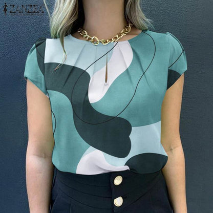 ZANZEA Women Summer Blouse Bohemain Holiday Shirt Fashion Short Sleeve Printed Tops Tunic Female Elegant Work Party Blusas Mujer