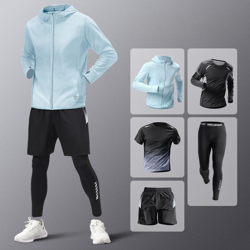5pcs Men's Lightweight Summer Ice Silk Athletic Set Quick-Dry Running Clothes Outdoor Kit Cycling Fitness Men's Sportswear Set