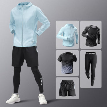 5pcs Men's Lightweight Summer Ice Silk Athletic Set Quick-Dry Running Clothes Outdoor Kit Cycling Fitness Men's Sportswear Set