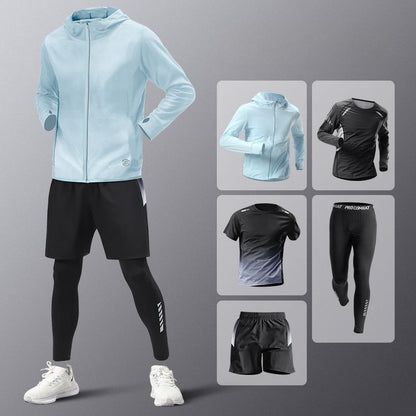 5pcs Men's Lightweight Summer Ice Silk Athletic Set Quick-Dry Running Clothes Outdoor Kit Cycling Fitness Men's Sportswear Set