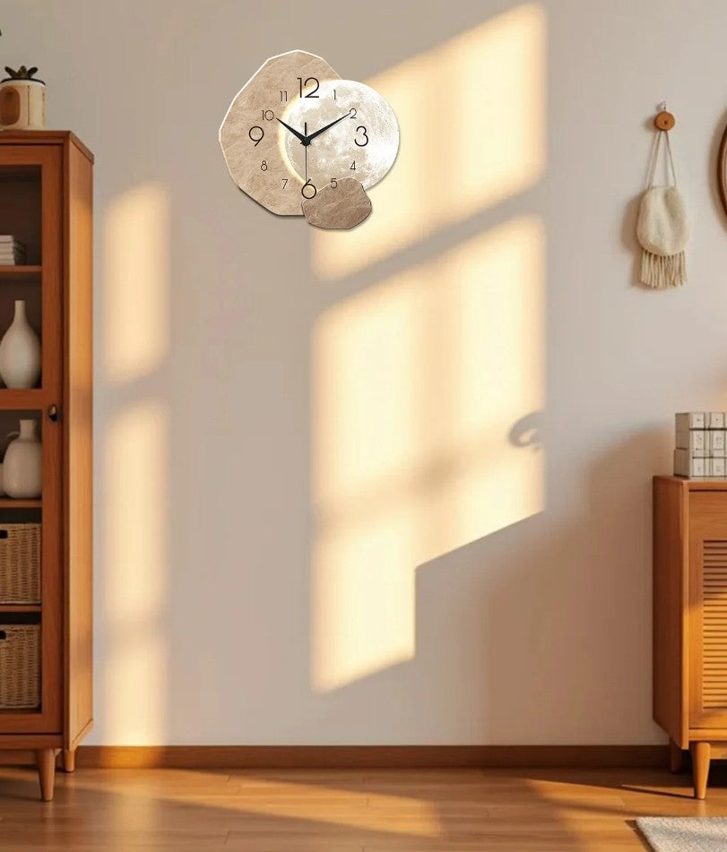 Modern Simple Silent Wall Clock, Moon Design - Quartz Movement, Wooden Material, for Bedroom, Living Room or Office Decoration