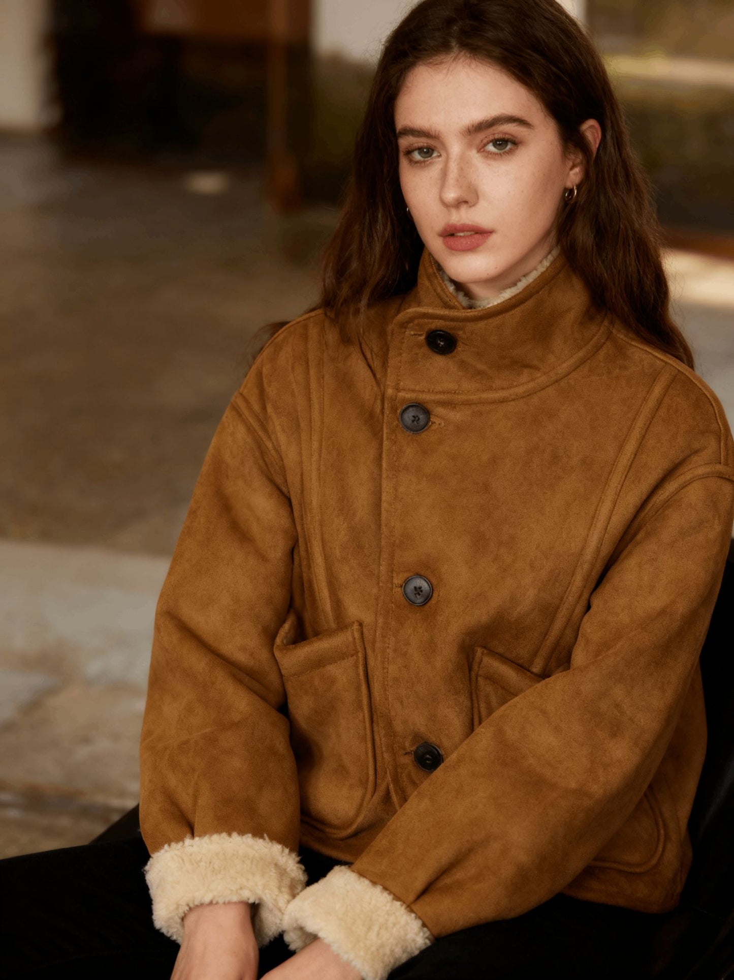 Suede Plush Both Sides Women's Coat Jacket Single Breasted Stand-Up Collar Pockets Female Jackets Autumn Loose Solid Coat Ladies