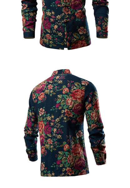 Chinese Style Men's Long-sleeved Printed Shirt, Single-breasted Stand-up Collar Shirts, Fashion Casual Top Camisas, Size M-6XL