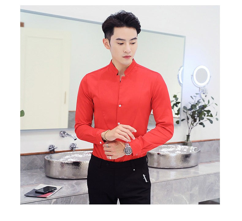 Mens Long Sleeve Shirt Autumn High Quality Stand Collar Casual Slim Solid Color Shirt Oversized Size 5XL Fashion Men Clothing