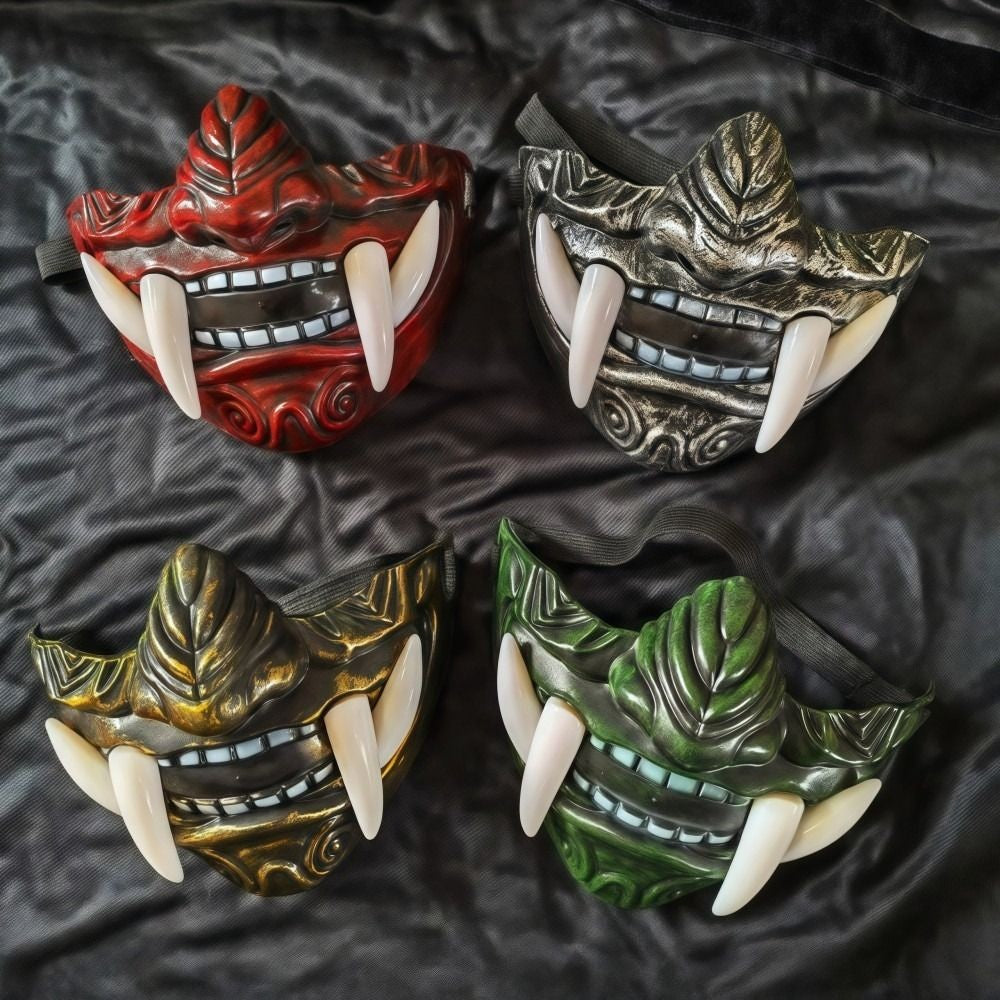 Realistic 3D Japanese Samurai Mask Fierce Teeth Lightweight Halloween Cosplay Masks Breathable Fang Mask Clothing Accessories