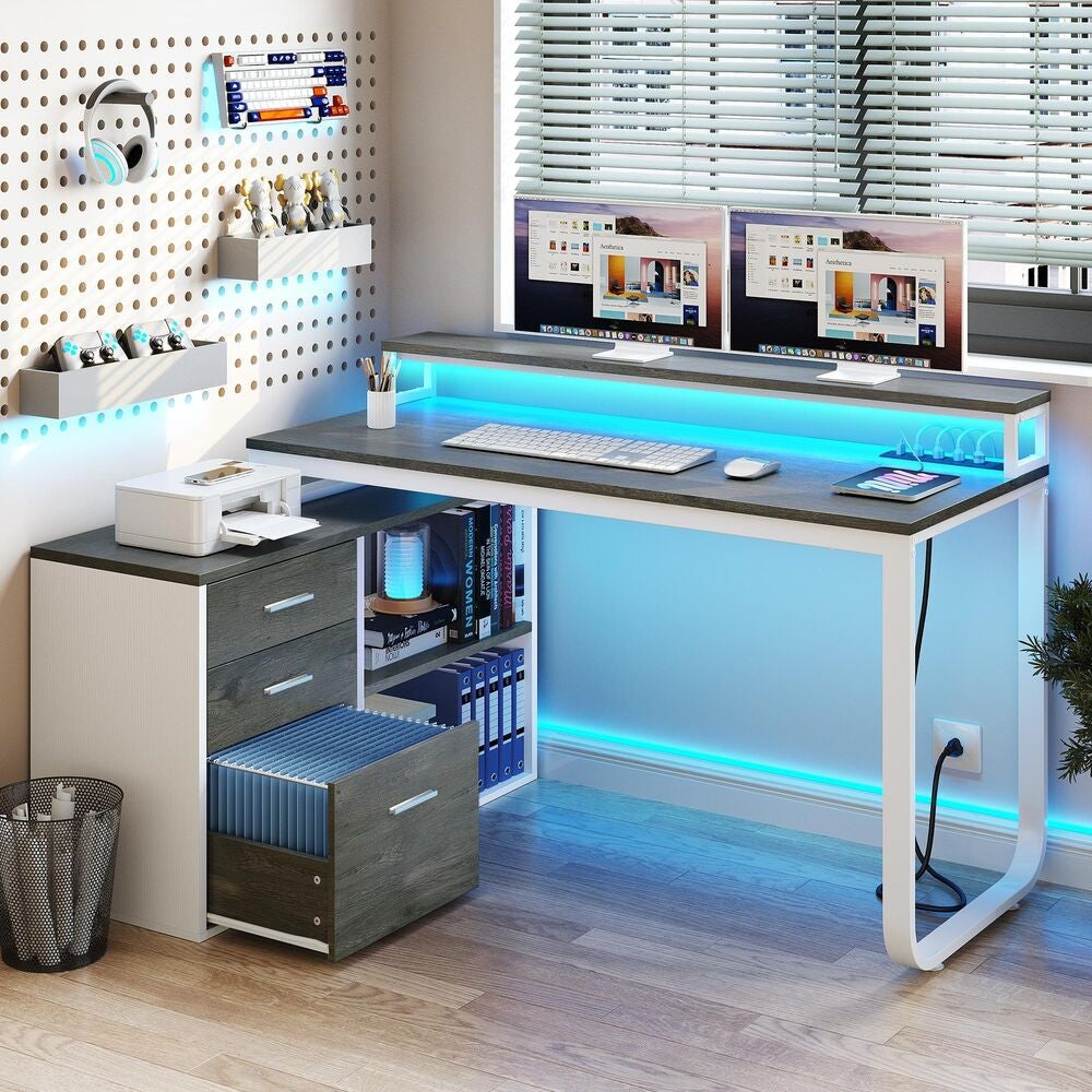 Mesa de computador para jogos em L com gavetas para arquivos para escritório em casa