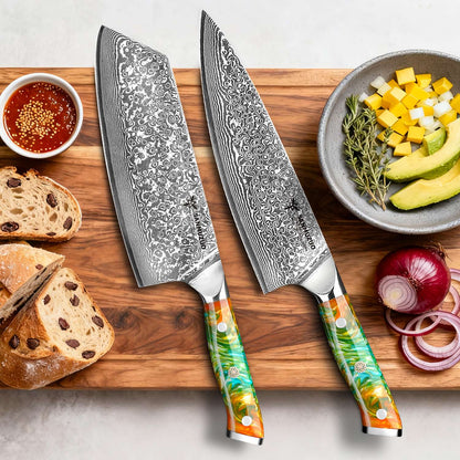 Conjunto de facas de cozinha SANMUZUO 2 peças - Série Xuan - Faca de Chef e Faca Nakiri em Aço Damasco VG10, Melhor Presente para Chefs - Cabo de Resina