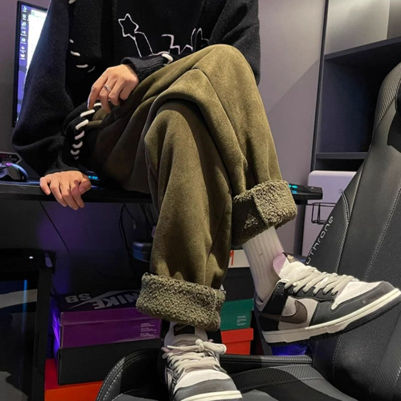 Women's Suede Thickened Straight Leg Pants Korean Style Wide Leg Autumn Winter New Student Fashion Casual Trousers