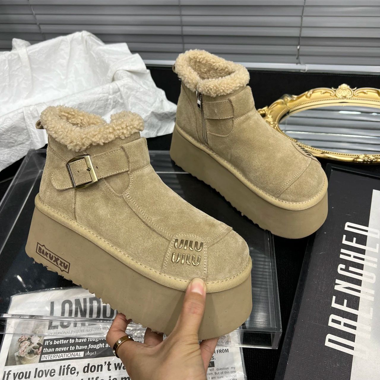 2024 New Fur Platform Women Ankle Boots Flats Suede Warm Shoes Woman Trend Designer Brand Short Plush Cozy Femme Snow Botas