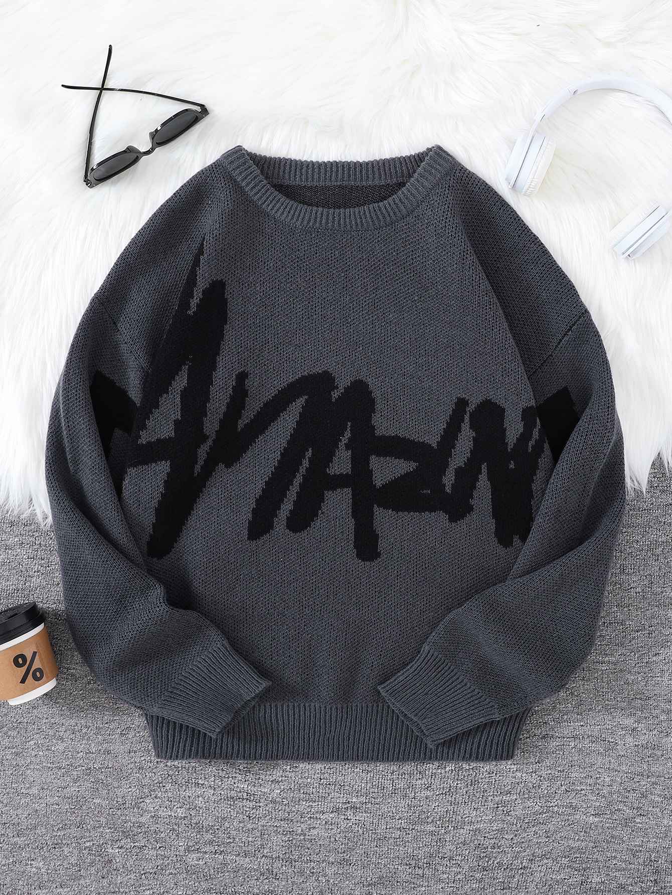 New Popular Spring Autumn Graffiti Jacquard Pattern Pullover Sweater Casual Round Neck Contrast Color Knitted Men's Pullover