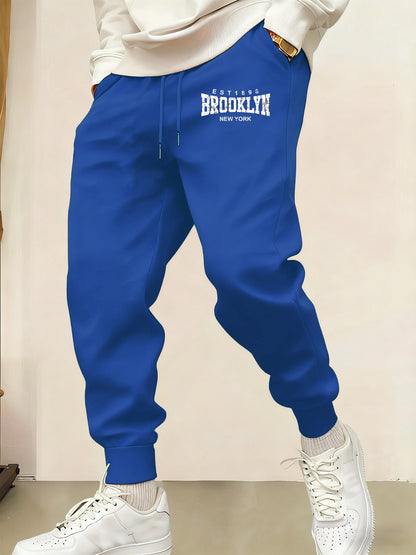 Calça Moletom Masculina Brooklyn New York Estampada Quente Confortável Calças Longas Jogger Básica Bolsos Cintura Elástica Calça Versátil