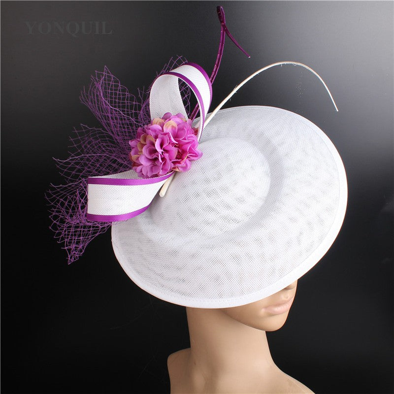 Novo Design Amarelo Com Cabelo Roxo Fascinator Chapéu Tiara Nupcial Casamento Festa Adereço de Cabelo Malha Senhoras Ocasião Acessórios de Cabelo