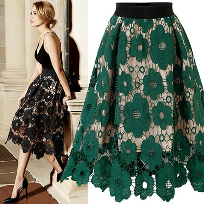 Summer Boho Lace Skirts Women Vintage Mesh Hollow Out Plus Size Skirt Elastic Waist Elegant  A-Line Midi Saias Black Red Green