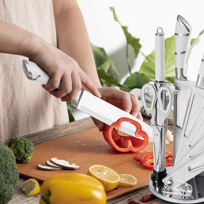 Conjunto de Facas de Cozinha ZENG de Aço Inoxidável com Cabo Oco Faca de Carne Faca de Cozinheiro Tesoura Faca de Pão Descascador de Frutas Suporte de Faca