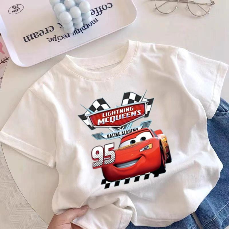 Carros Relâmpago McQueen Roupas Algodão Meninos e Meninas Camiseta Manga Curta Verão Crianças Bebê Blusa Meia Manga