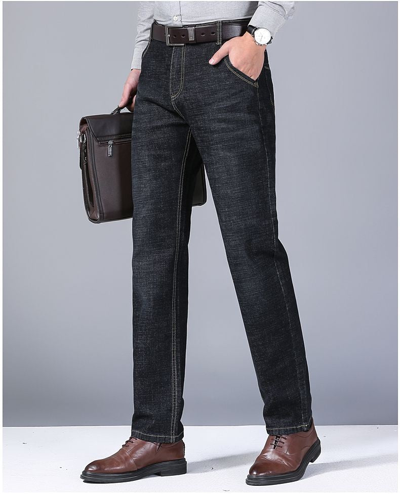 Calça Jeans Masculina Primavera Outono Negócios Casual Confortável Reta Denim Elástica Moda Clássica Macia Premium Azul Preto