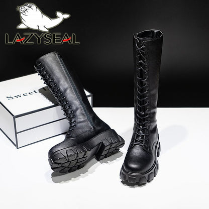 LazySeal Winter Long Boot Shoes Women White Lace Up Zip Height Increasing Pu Leather Shoes Plush Botas Mujer Big Size 43