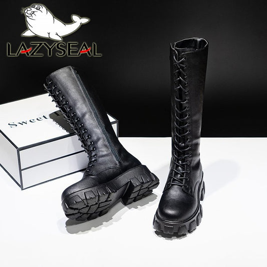 LazySeal Winter Long Boot Shoes Women White Lace Up Zip Height Increasing Pu Leather Shoes Plush Botas Mujer Big Size 43