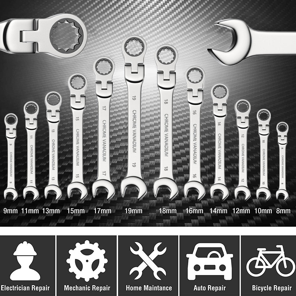 Jogo de chaves combinadas com catraca de 72 dentes e cabeça flexível, acabamento espelhado, para ferramentas de reparo automotivo