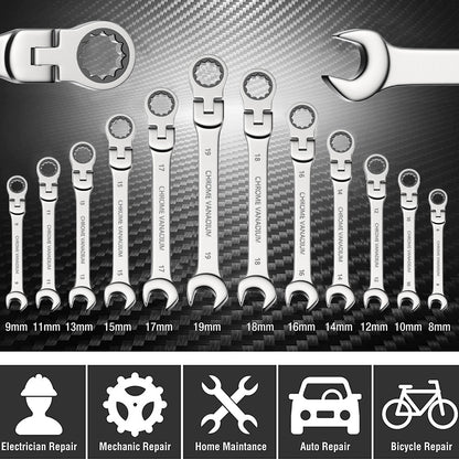 Jogo de chaves combinadas com catraca de 72 dentes e cabeça flexível, acabamento espelhado, para ferramentas de reparo automotivo