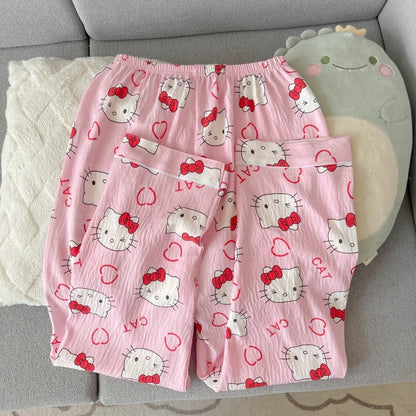 Cartoon Hello Kitty Pajamas Set Women's Autumn Winter Long Sleeve Loungewear Pink Cute Sleepwear Kawaii Soft Homewear Outfit