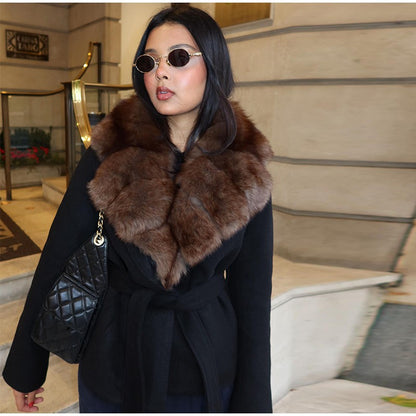 Elegant Faux Fur Lace Up Woolen Coat Women Shawl Collar Belted Waist Full Sleeve Coats Female Autumn Winter Fashion Lady Outwear