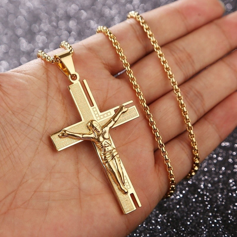 Colar Masculino Crucifixo Jesus Cristo Banhado a Ouro Pingente Cruz Religioso com Corrente Joias
