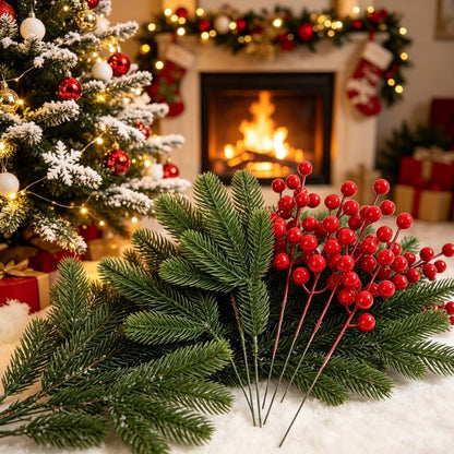10Pcs Artificial Pine Branches Holly Berries Red Berry Branches for Xmas Tree Decor Wreath Navidad Gift Christmas Decoration