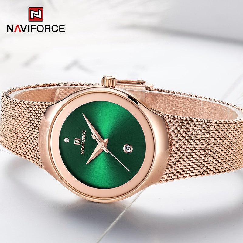 NAVIFORCE Luxury Green Analog Date Quartz Fashion Ladies Watches Mesh Steel Strap Waterproof Business Women Wristwatch Clocks