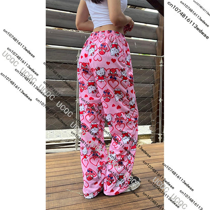 HOT SALE 2025 Hello Kitty Girls Pajamas Cartoon Y2K Print Street Dance Trousers Women Casual Couple Home Graffiti Pajamas Pants