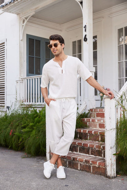Summer Cotton Linen Shirt Set Men's Casual Outdoor 2-Piece Suit Andhome Clothes Pajamas Comfy Breathable Beach Short Sleeve Sets