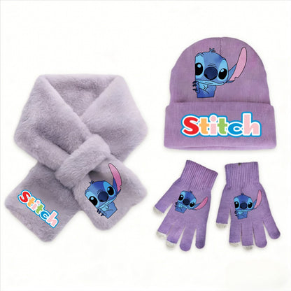 Conjunto de 3 peças de chapéu, cachecol e luvas de malha de inverno Stitch Disney Kawaii quente para meninas Acessórios casuais de moda infantil presente de Natal perfeito