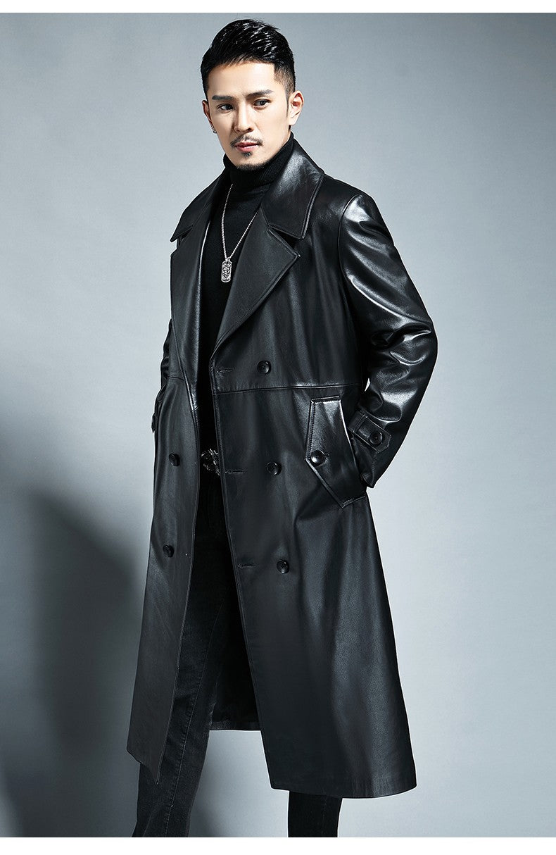 Mauroicardi Spring Autumn Long Cool Waterproof Black Pu Leather Trench Coat Men Double Breasted Plus Size Outerwear 4xl 5xl 2022