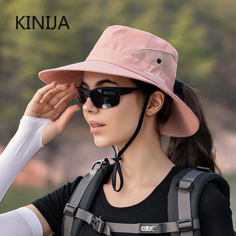 Women Ponytail Fisherman Hat Waterproof Sun Cap Pure Color Outdoor Travel Fishing Climbing Hiking Large Brim Bucket Hat undefine