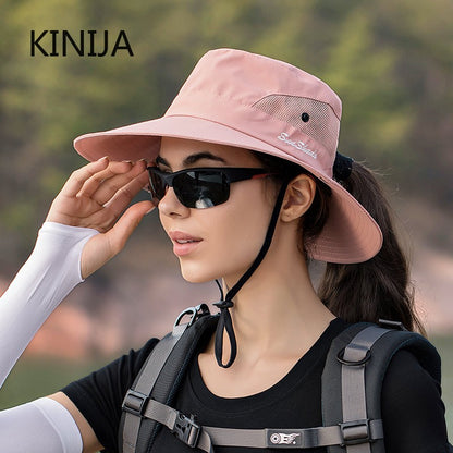 Women Ponytail Fisherman Hat Waterproof Sun Cap Pure Color Outdoor Travel Fishing Climbing Hiking Large Brim Bucket Hat undefine